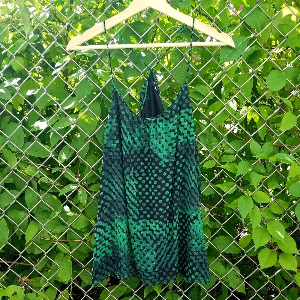 Theory Silk Green And Black Abstract Dot Print Camisole Spaghetti Strap Tank M